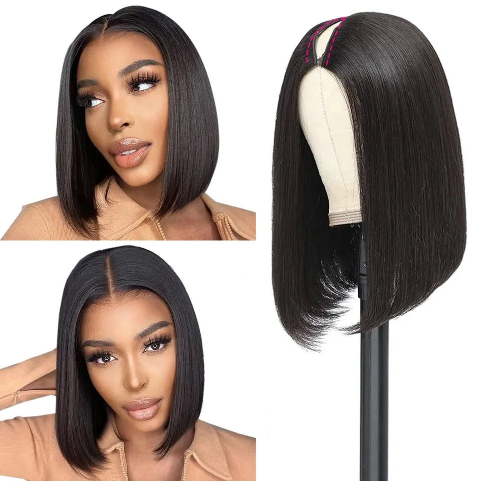 Brazilian Hair V Part Short Straight Bob Wig Glueless 10-16 Inches V Part Straight Wig Natural Color