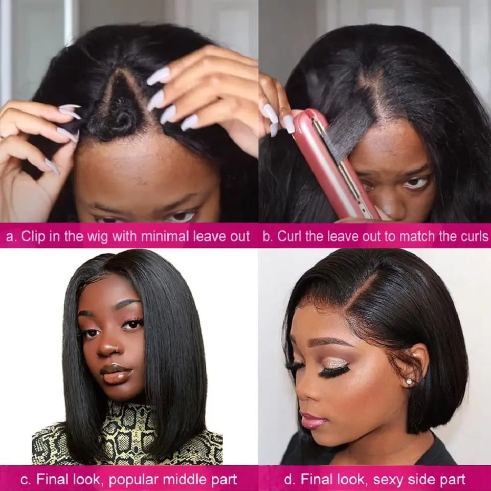 Brazilian Hair V Part Short Straight Bob Wig Glueless 10-16 Inches V Part Straight Wig Natural Color