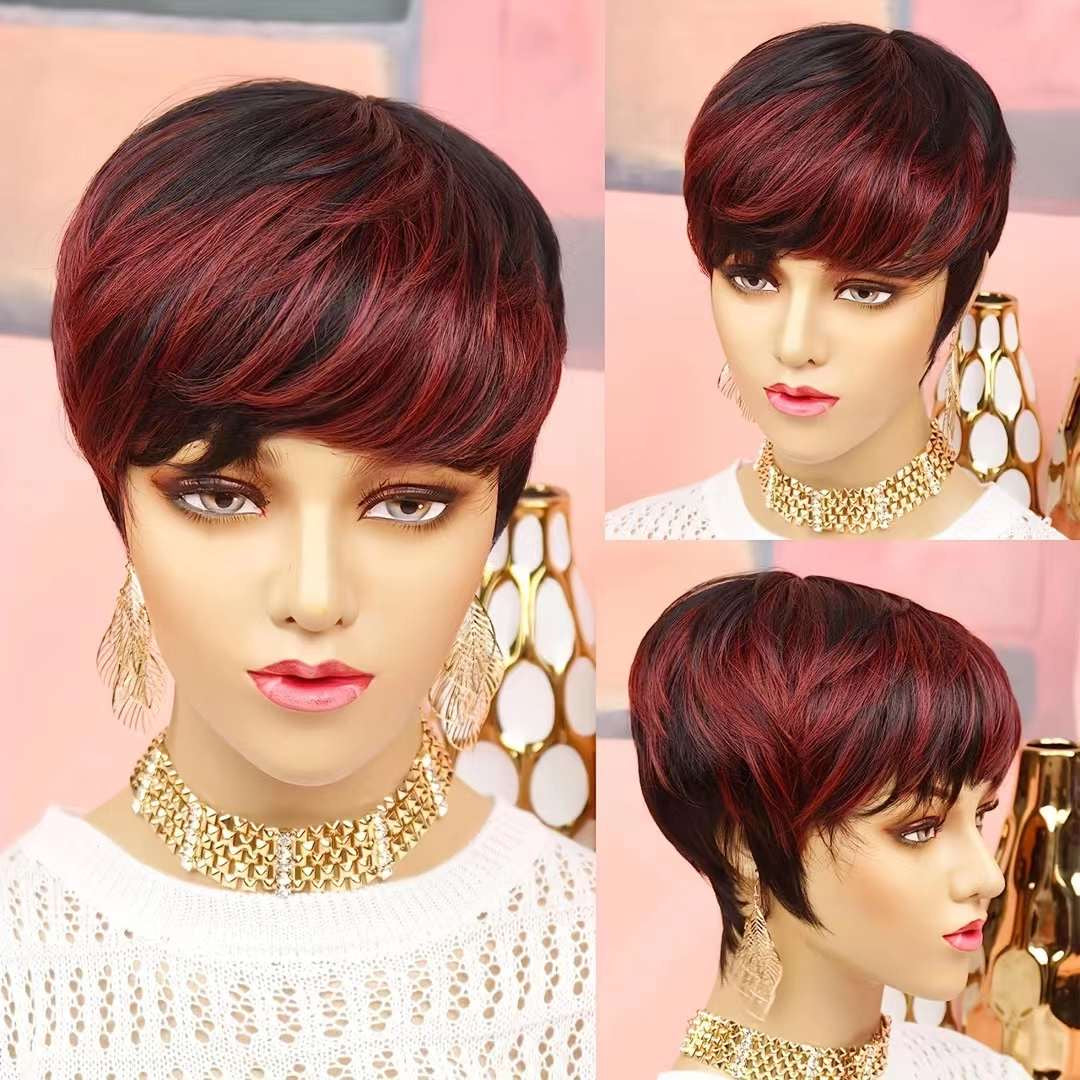 Short Human Hair Wigs Pixie Cut Straight Remy Brazilian Hair for Women Machine Made Highlight Color Glueless Wig