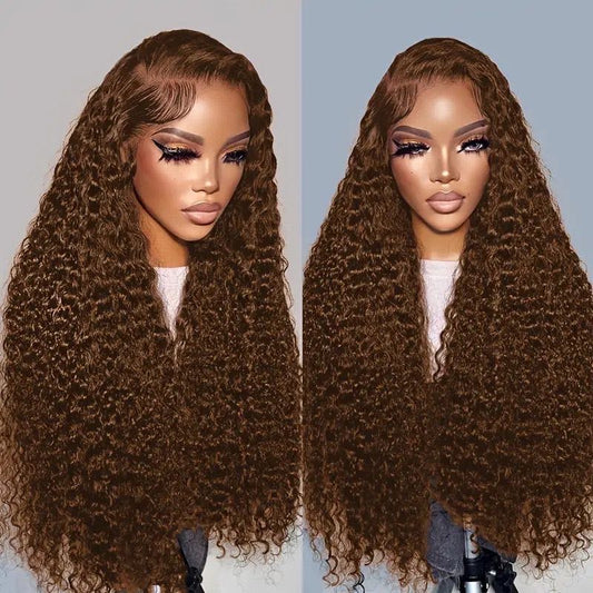 Kinky Curly Wig Human Hair Glueless Wigs Chocolate Brown Deep Wave Lace Frontal Wig 13x6 HD Lace Front Human Hair Wig