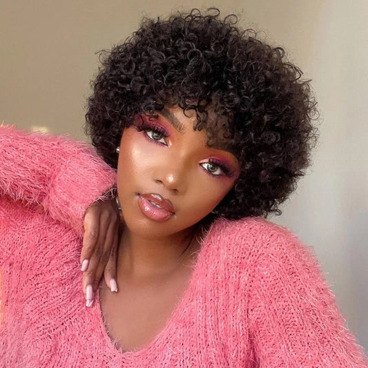 Pixie Short Afro Curly Bob Human Hair Wigs With Bangs For Women Brazilian Remy Hair Wear and Go Natural 1B color